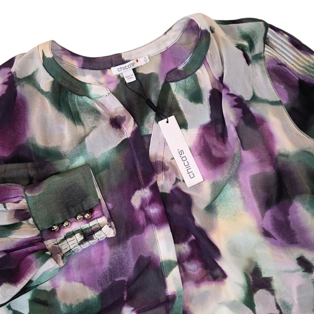 Chico's 3 / 16 Blouse Midnight Violet Floral Pintuck Sleeve Night Bloom NEW READ